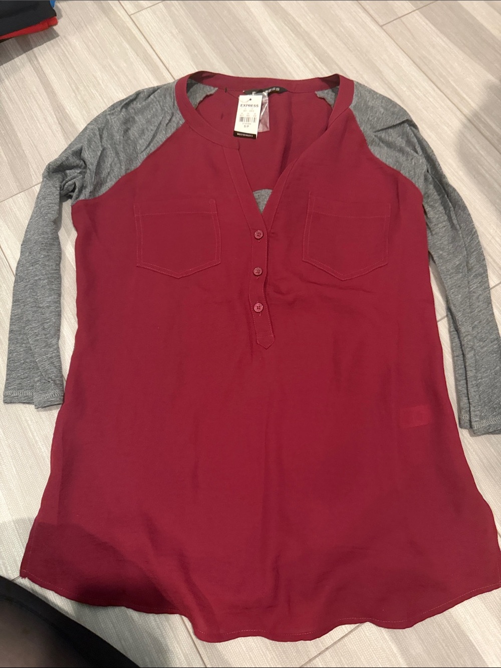 Express Women’s Two-Tone Henley Top - Red with Gray Sleeves